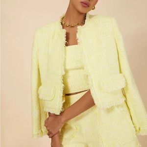 BCBGMaxAzria Bright Citron Yellow Boucle Tweed Fringe Cardigan Jacket, NWT Sz L
